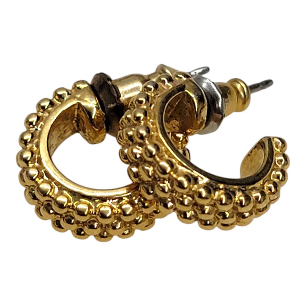 Vintage Napier Signed Gold Tone Beaded Caviar Small Huggie Hoop Earrings